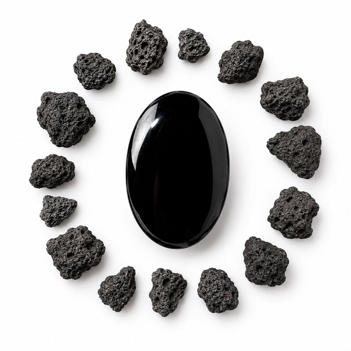 Black obsidian palm stone showing natural volcanic glass texture