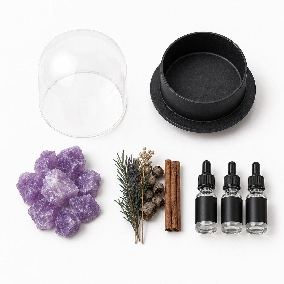 Glass aromatherapy dome with amethyst crystals